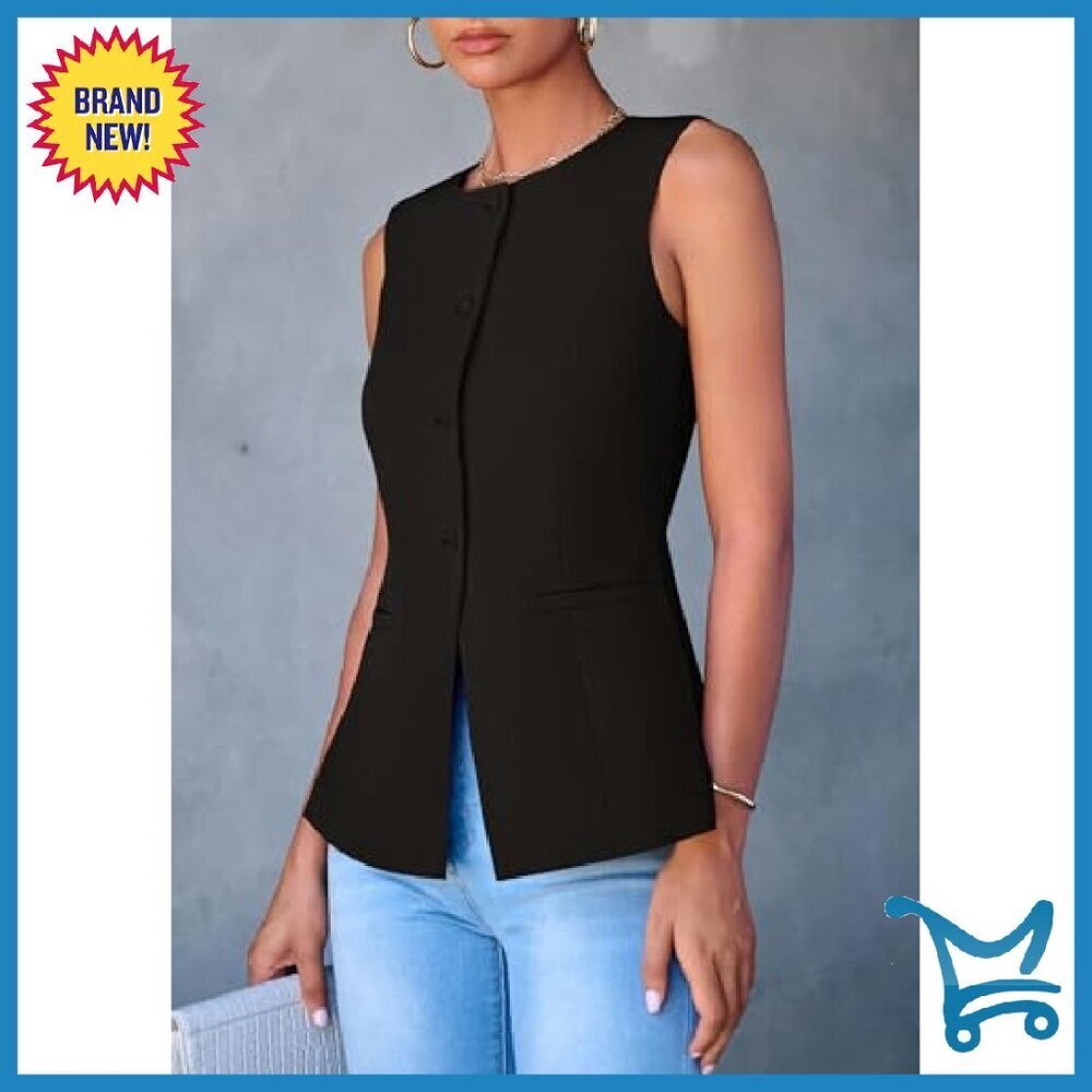 Sleeveless Button Down Vest Blazer Business Casual Polyester Waistcoat - Picture 5 of 8